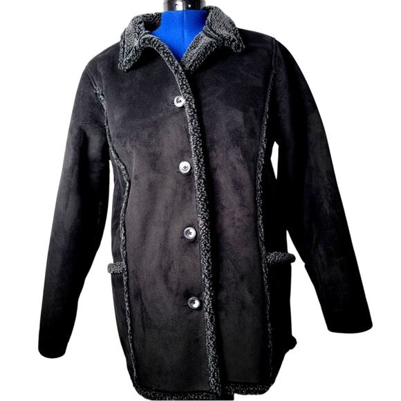 LL Bean Faux Shearling Coat Women’s Large Black Button Fleece Dark Academia - Picture 1 of 7